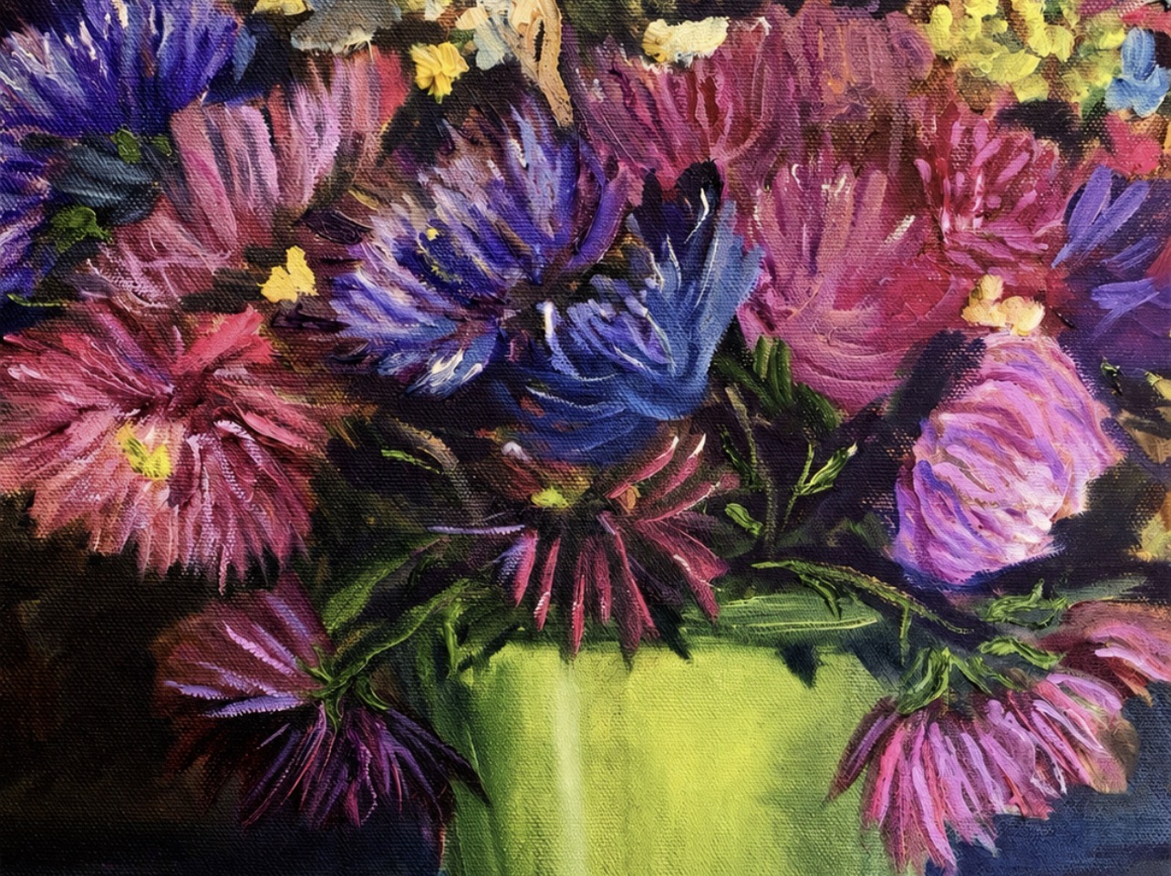 Detail of Asters painting by Marina Stognieva, oil painting texture and autumn flowers